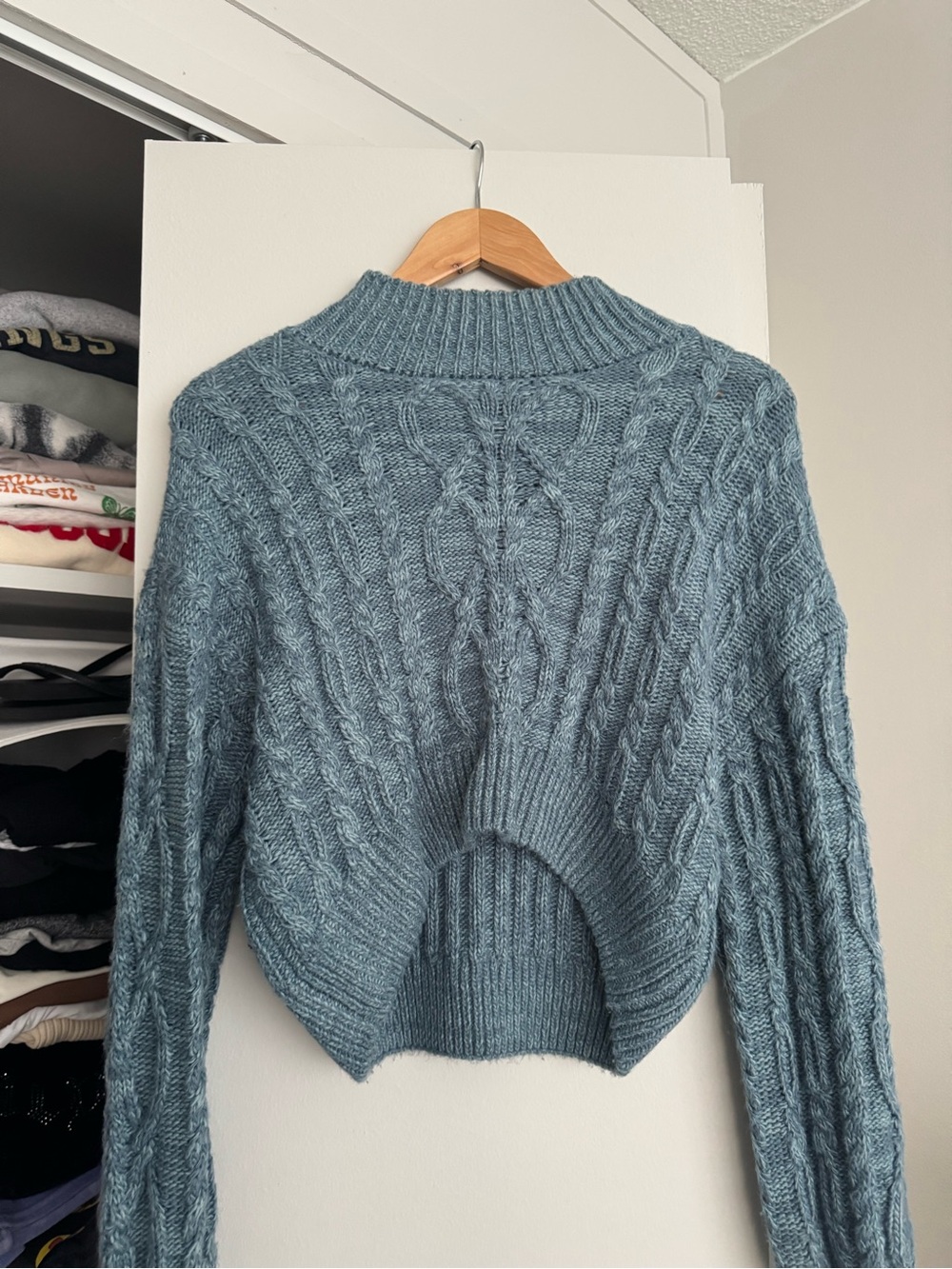 Arizona Jean Company Cropped Cable Turtleneck Sweater in Dusty Blue